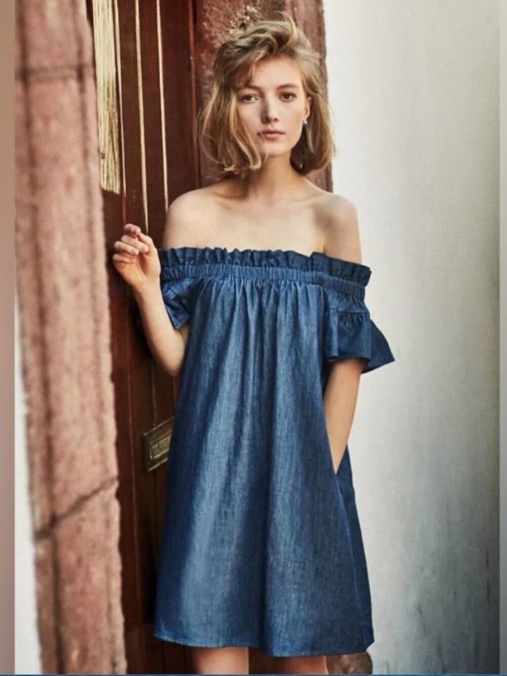 Anthropologie | Corey Lynn Calter Chambray Off Shoulder Mini Dress | Medium M